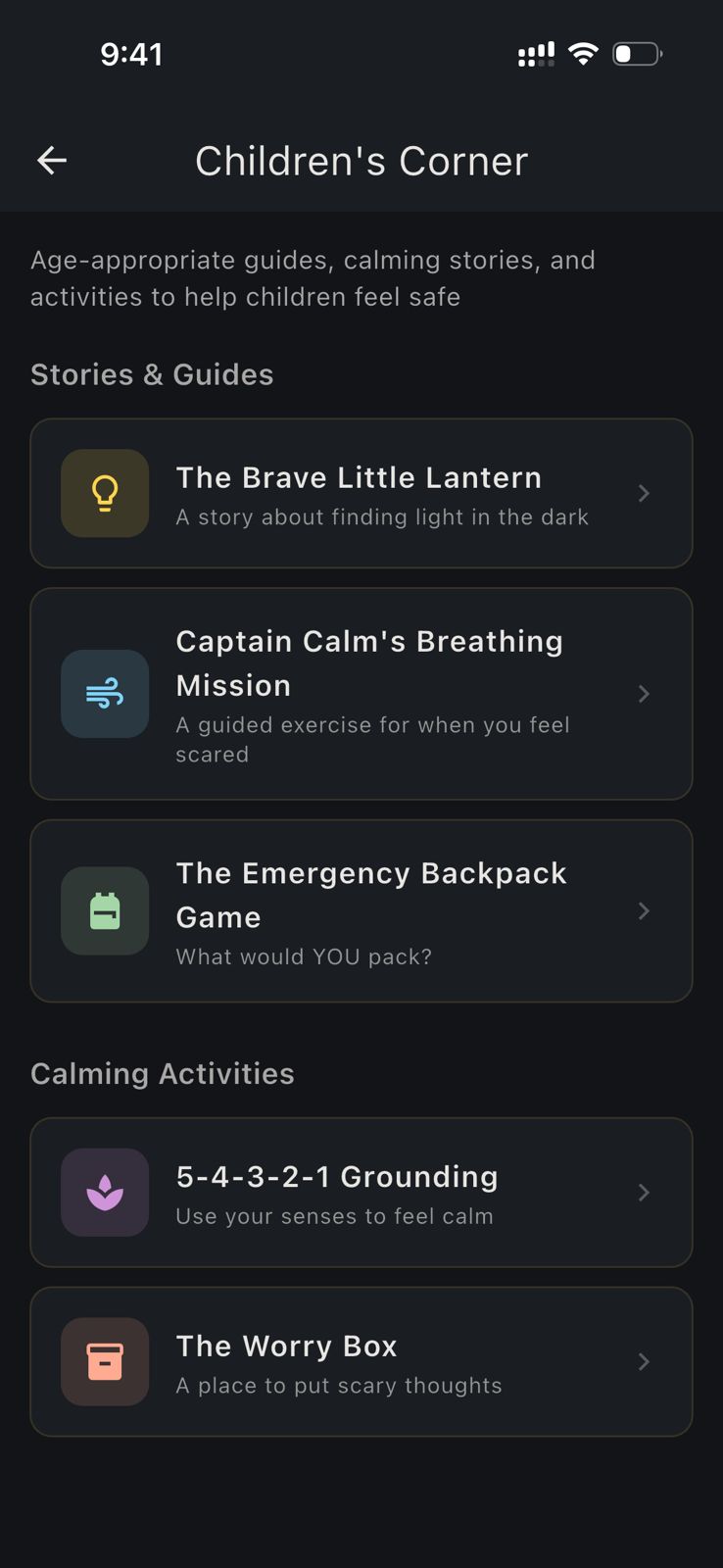 HAVEN Children's Corner - age-appropriate stories and calming activities