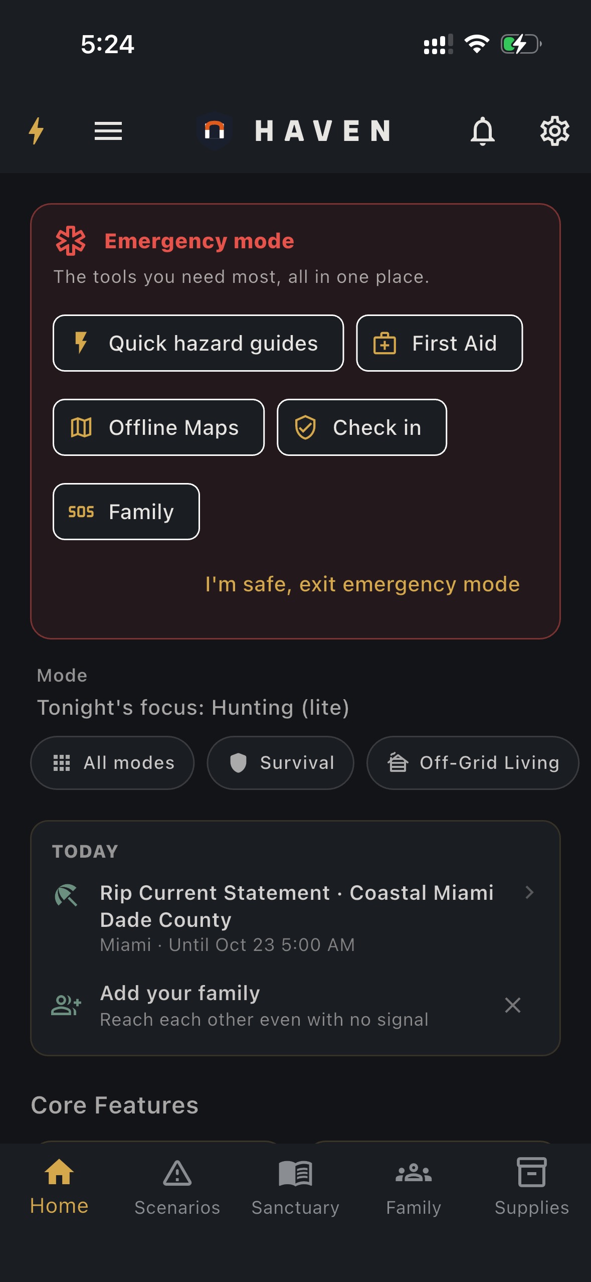 HAVEN Emergency mode - First Aid, Offline Maps, Check in, and SOS Family shortcuts