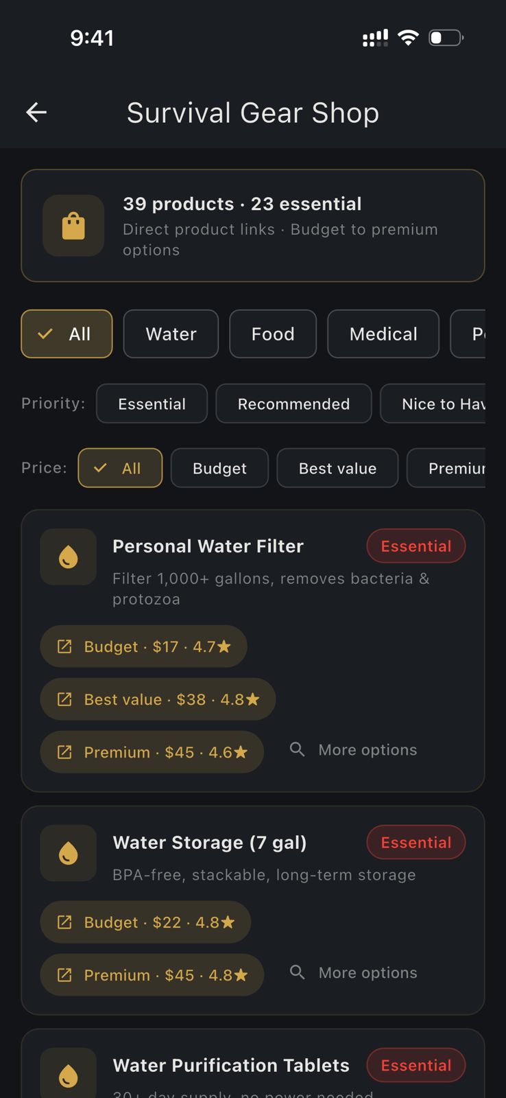 HAVEN Survival Gear Shop - curated products with budget and premium options