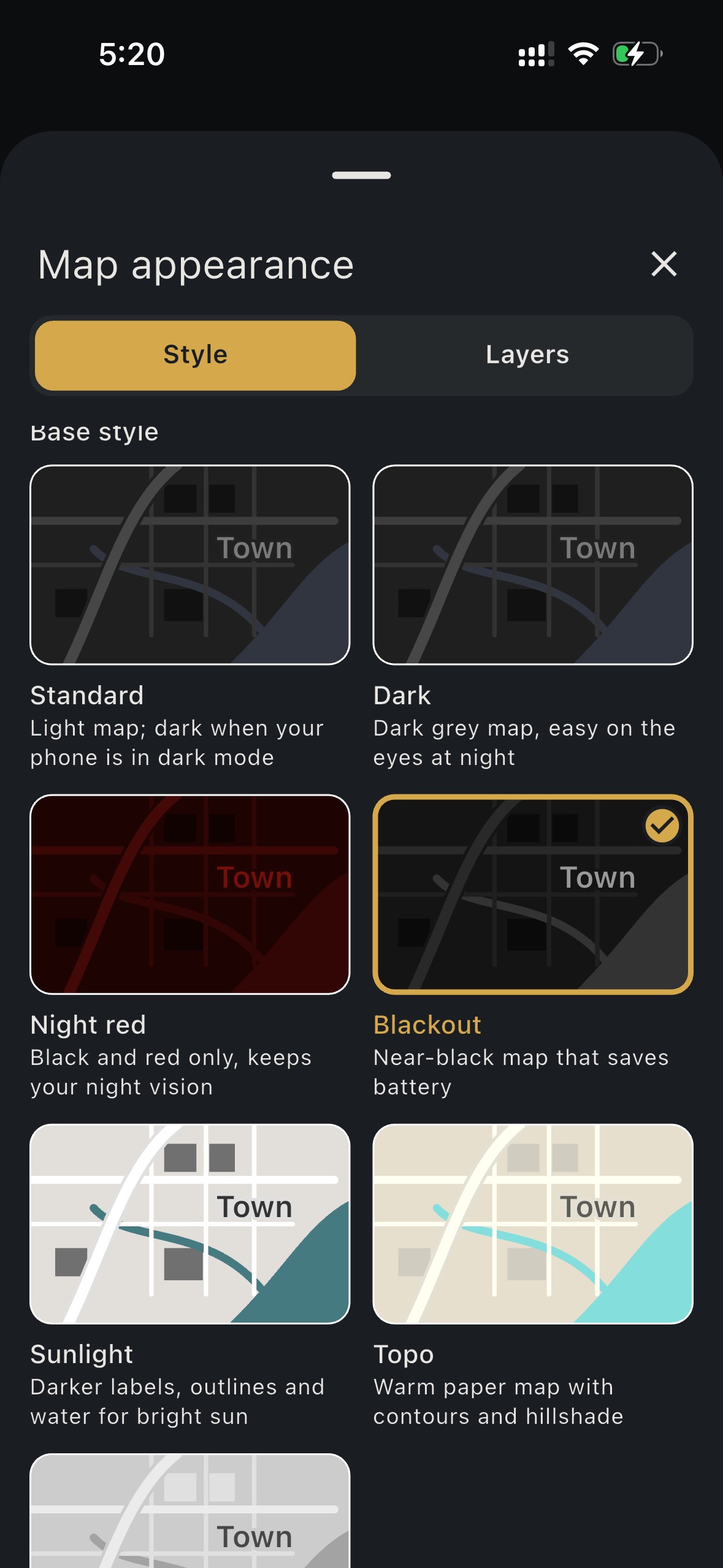 HAVEN map appearance with seven offline base styles including Topo and Night